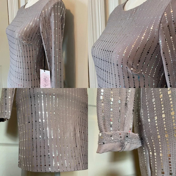 Crystal Sky Gray Metallic Style Long Sleeve Open Back Dress Women’s Small NWT - Picture 11 of 16